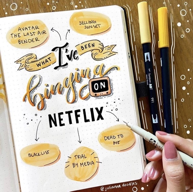 Great Bullet Journal Spread Ideas for June Netflix Julianne Doodles
