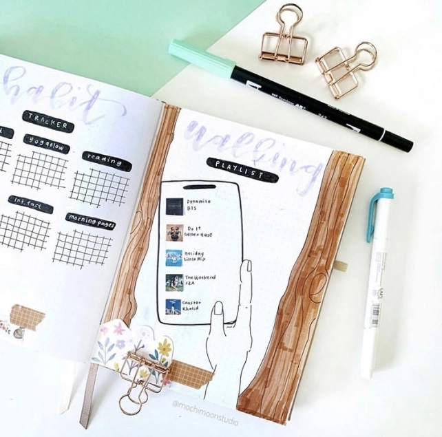 Great Bullet Journal Spread Ideas for September Walking Playlist Mochi Moon Studio